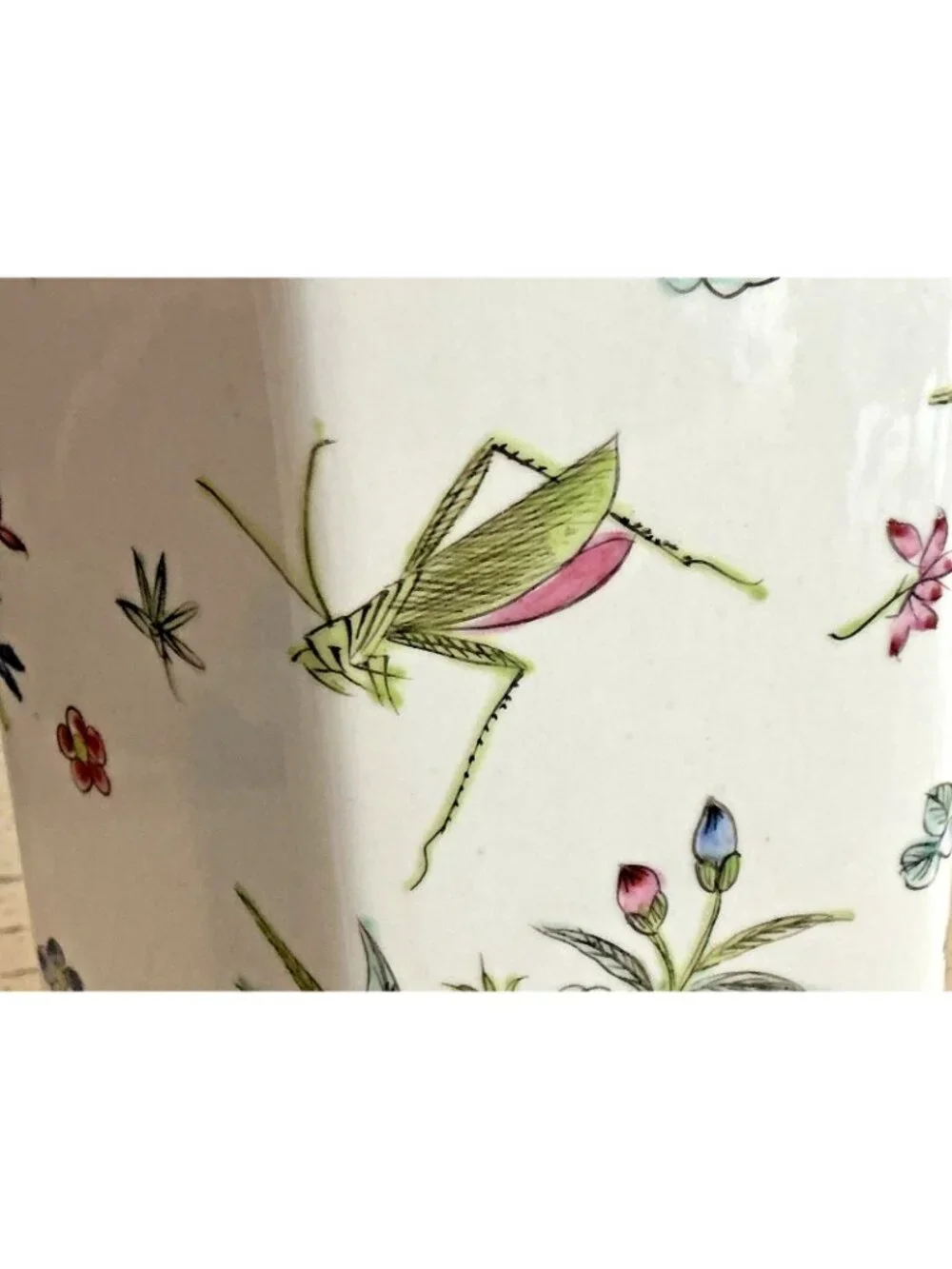 Chinoiserie Hexagon Vase Vintage Hong Kong Lotus Insect Floral Porcelain 12